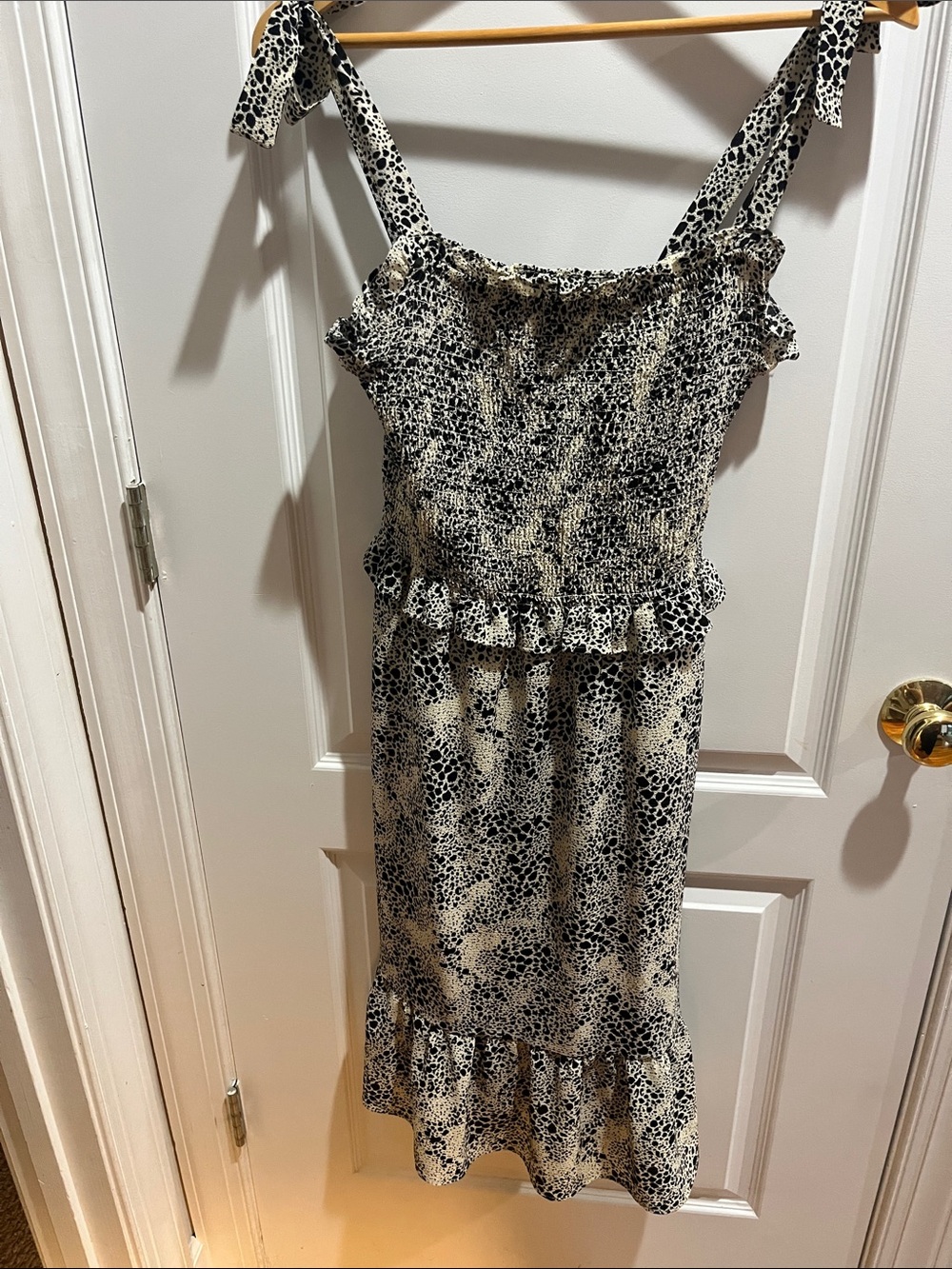 Tie-Shoulder Smocked Midi Dress in Black and Cream